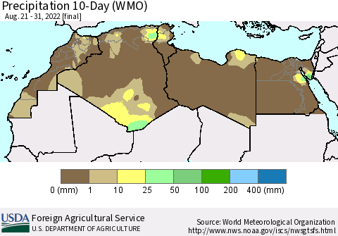 North Africa Precipitation 10-Day (WMO) Thematic Map For 8/21/2022 - 8/31/2022
