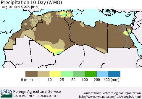 North Africa Precipitation 10-Day (WMO) Thematic Map For 8/26/2022 - 9/5/2022