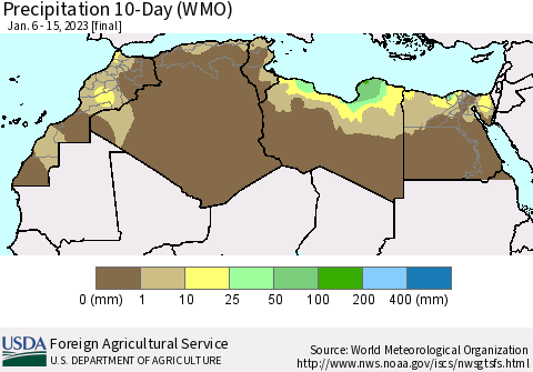 North Africa Precipitation 10-Day (WMO) Thematic Map For 1/6/2023 - 1/15/2023