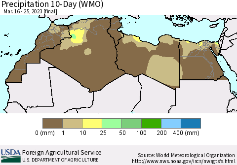 North Africa Precipitation 10-Day (WMO) Thematic Map For 3/16/2023 - 3/25/2023