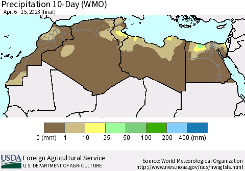 North Africa Precipitation 10-Day (WMO) Thematic Map For 4/6/2023 - 4/15/2023