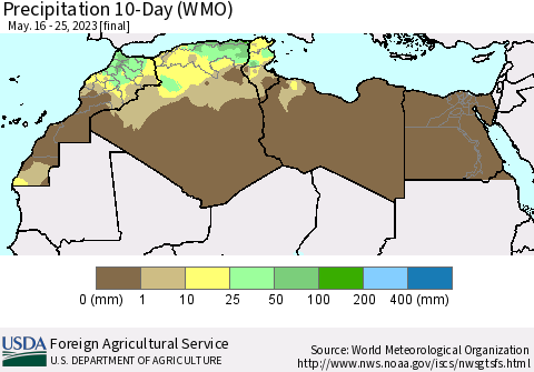 North Africa Precipitation 10-Day (WMO) Thematic Map For 5/16/2023 - 5/25/2023
