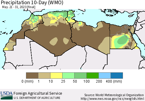 North Africa Precipitation 10-Day (WMO) Thematic Map For 5/21/2023 - 5/31/2023