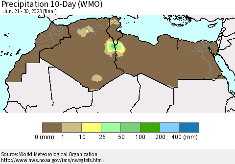 North Africa Precipitation 10-Day (WMO) Thematic Map For 6/21/2023 - 6/30/2023