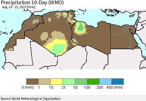 North Africa Precipitation 10-Day (WMO) Thematic Map For 8/16/2023 - 8/25/2023