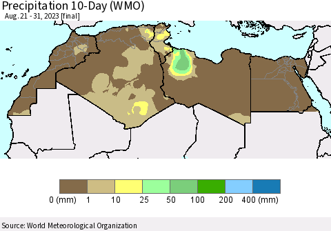 North Africa Precipitation 10-Day (WMO) Thematic Map For 8/21/2023 - 8/31/2023