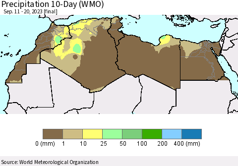 North Africa Precipitation 10-Day (WMO) Thematic Map For 9/11/2023 - 9/20/2023