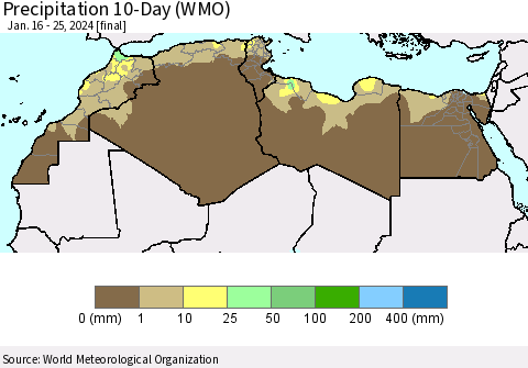 North Africa Precipitation 10-Day (WMO) Thematic Map For 1/16/2024 - 1/25/2024