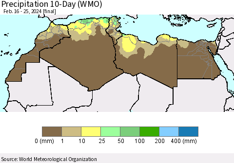 North Africa Precipitation 10-Day (WMO) Thematic Map For 2/16/2024 - 2/25/2024