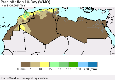 North Africa Precipitation 10-Day (WMO) Thematic Map For 3/1/2024 - 3/10/2024