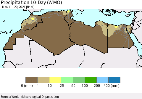 North Africa Precipitation 10-Day (WMO) Thematic Map For 3/11/2024 - 3/20/2024