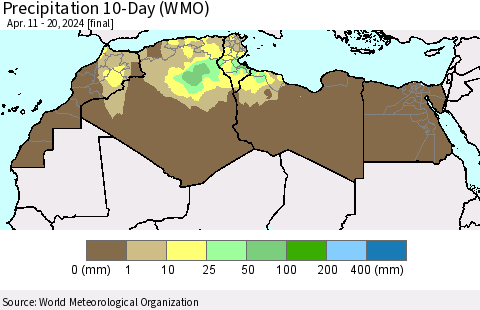 North Africa Precipitation 10-Day (WMO) Thematic Map For 4/11/2024 - 4/20/2024