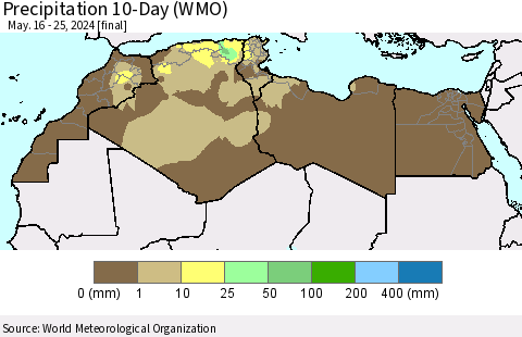 North Africa Precipitation 10-Day (WMO) Thematic Map For 5/16/2024 - 5/25/2024
