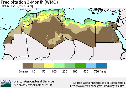 North Africa Precipitation 3-Month (WMO) Thematic Map For 10/6/2019 - 1/5/2020
