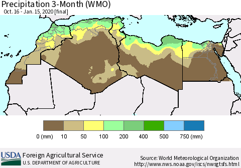 North Africa Precipitation 3-Month (WMO) Thematic Map For 10/16/2019 - 1/15/2020