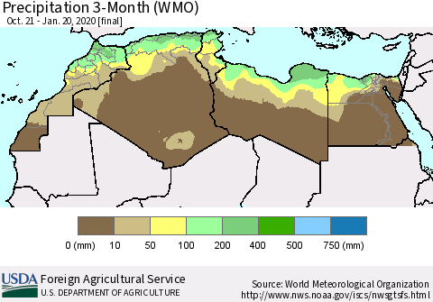 North Africa Precipitation 3-Month (WMO) Thematic Map For 10/21/2019 - 1/20/2020