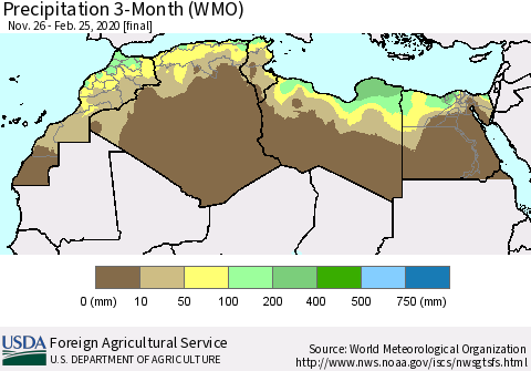 North Africa Precipitation 3-Month (WMO) Thematic Map For 11/26/2019 - 2/25/2020
