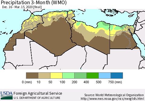 North Africa Precipitation 3-Month (WMO) Thematic Map For 12/16/2019 - 3/15/2020