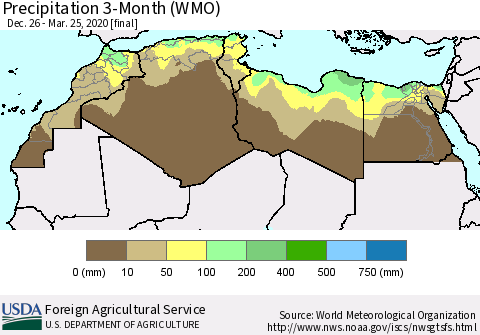 North Africa Precipitation 3-Month (WMO) Thematic Map For 12/26/2019 - 3/25/2020