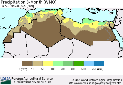 North Africa Precipitation 3-Month (WMO) Thematic Map For 1/1/2020 - 3/31/2020