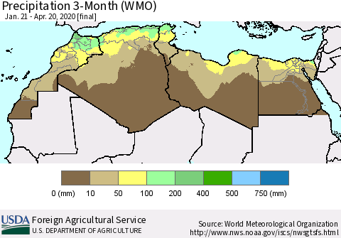North Africa Precipitation 3-Month (WMO) Thematic Map For 1/21/2020 - 4/20/2020