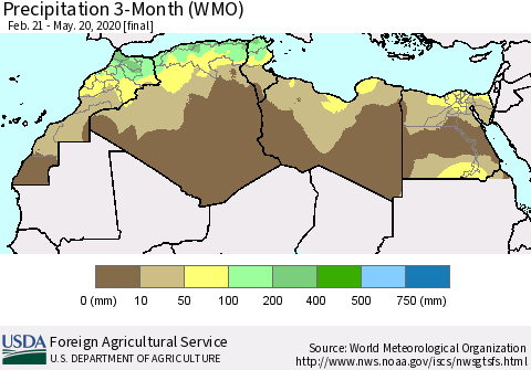 North Africa Precipitation 3-Month (WMO) Thematic Map For 2/21/2020 - 5/20/2020