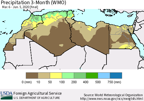 North Africa Precipitation 3-Month (WMO) Thematic Map For 3/6/2020 - 6/5/2020