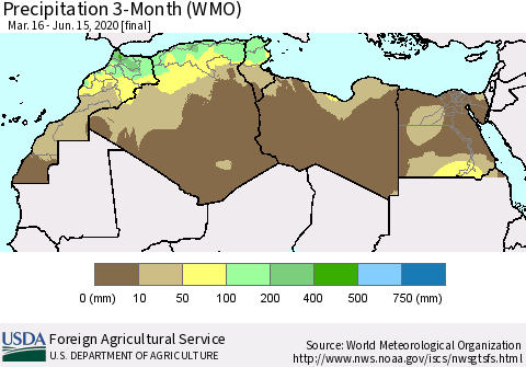 North Africa Precipitation 3-Month (WMO) Thematic Map For 3/16/2020 - 6/15/2020