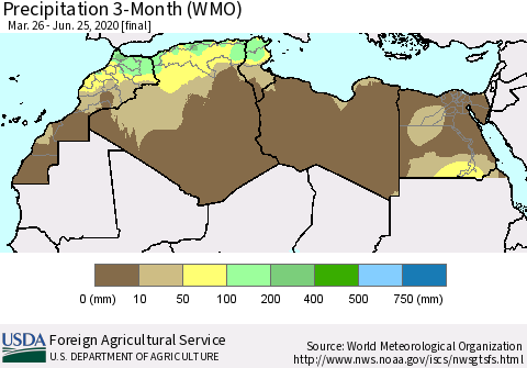 North Africa Precipitation 3-Month (WMO) Thematic Map For 3/26/2020 - 6/25/2020
