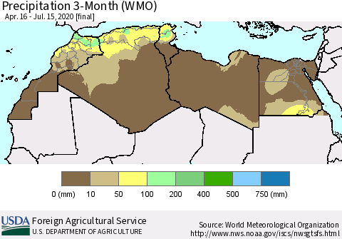 North Africa Precipitation 3-Month (WMO) Thematic Map For 4/16/2020 - 7/15/2020