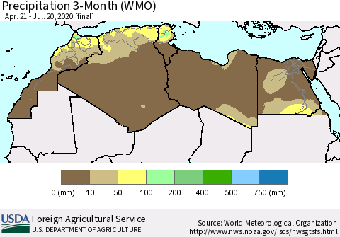 North Africa Precipitation 3-Month (WMO) Thematic Map For 4/21/2020 - 7/20/2020