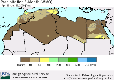 North Africa Precipitation 3-Month (WMO) Thematic Map For 4/26/2020 - 7/25/2020