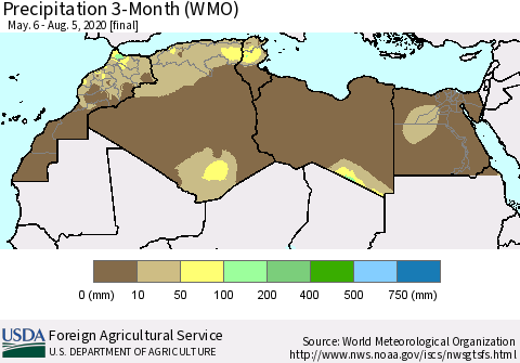 North Africa Precipitation 3-Month (WMO) Thematic Map For 5/6/2020 - 8/5/2020