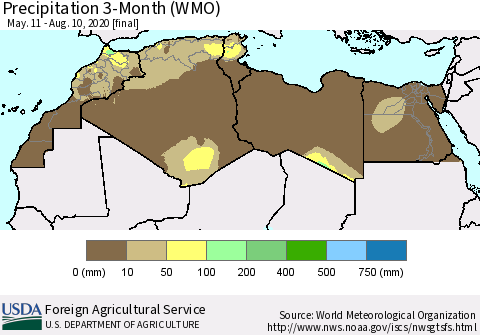North Africa Precipitation 3-Month (WMO) Thematic Map For 5/11/2020 - 8/10/2020