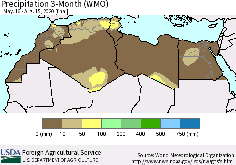 North Africa Precipitation 3-Month (WMO) Thematic Map For 5/16/2020 - 8/15/2020
