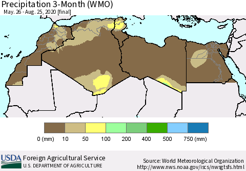 North Africa Precipitation 3-Month (WMO) Thematic Map For 5/26/2020 - 8/25/2020