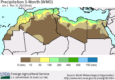 North Africa Precipitation 3-Month (WMO) Thematic Map For 1/1/2022 - 3/31/2022