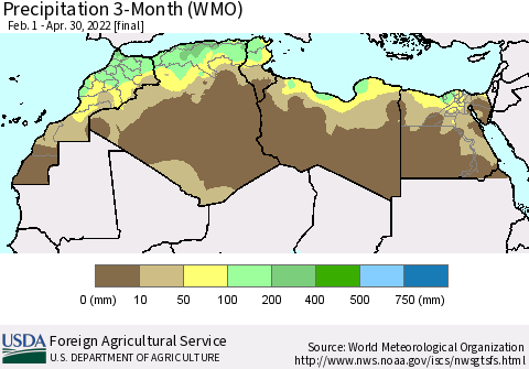 North Africa Precipitation 3-Month (WMO) Thematic Map For 2/1/2022 - 4/30/2022