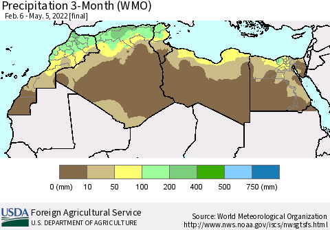 North Africa Precipitation 3-Month (WMO) Thematic Map For 2/6/2022 - 5/5/2022