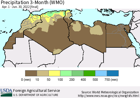 North Africa Precipitation 3-Month (WMO) Thematic Map For 4/1/2022 - 6/30/2022