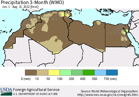 North Africa Precipitation 3-Month (WMO) Thematic Map For 6/1/2022 - 8/31/2022