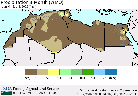 North Africa Precipitation 3-Month (WMO) Thematic Map For 6/6/2022 - 9/5/2022