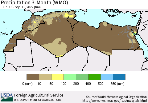 North Africa Precipitation 3-Month (WMO) Thematic Map For 6/16/2022 - 9/15/2022