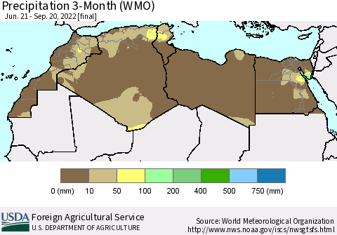 North Africa Precipitation 3-Month (WMO) Thematic Map For 6/21/2022 - 9/20/2022