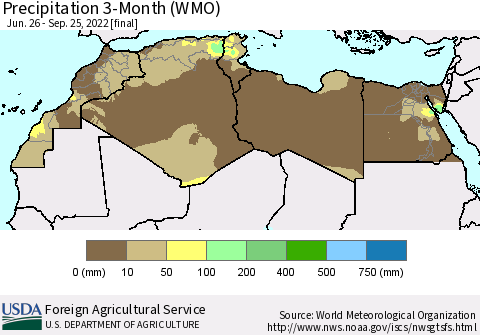 North Africa Precipitation 3-Month (WMO) Thematic Map For 6/26/2022 - 9/25/2022