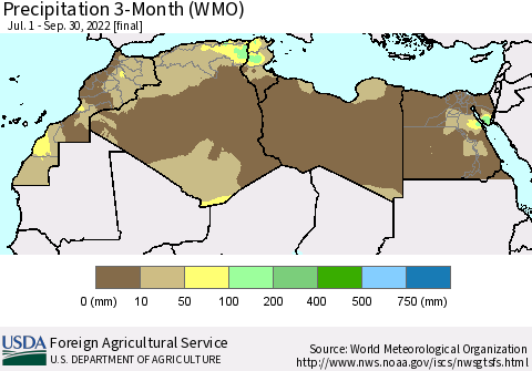 North Africa Precipitation 3-Month (WMO) Thematic Map For 7/1/2022 - 9/30/2022