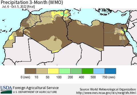 North Africa Precipitation 3-Month (WMO) Thematic Map For 7/6/2022 - 10/5/2022