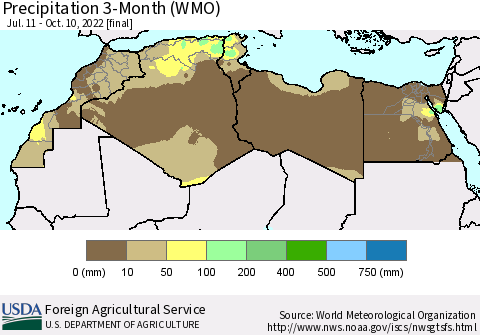 North Africa Precipitation 3-Month (WMO) Thematic Map For 7/11/2022 - 10/10/2022
