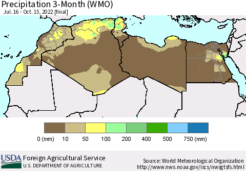North Africa Precipitation 3-Month (WMO) Thematic Map For 7/16/2022 - 10/15/2022