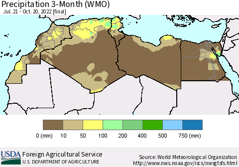 North Africa Precipitation 3-Month (WMO) Thematic Map For 7/21/2022 - 10/20/2022